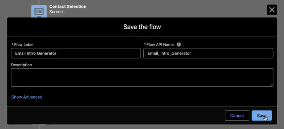 Saving the Screen Flow in Salesforce